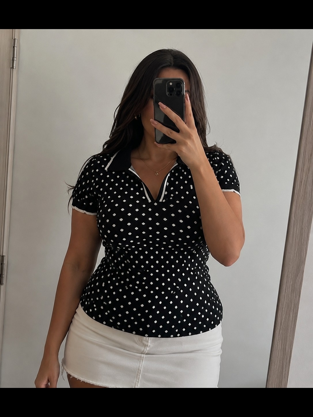 Elle Black & White Polka Dot Polo Top